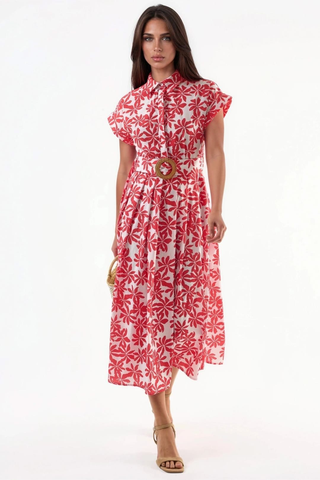 Busem Busem Women's Floral A-Line Midi Dress with Belt in Red - 4