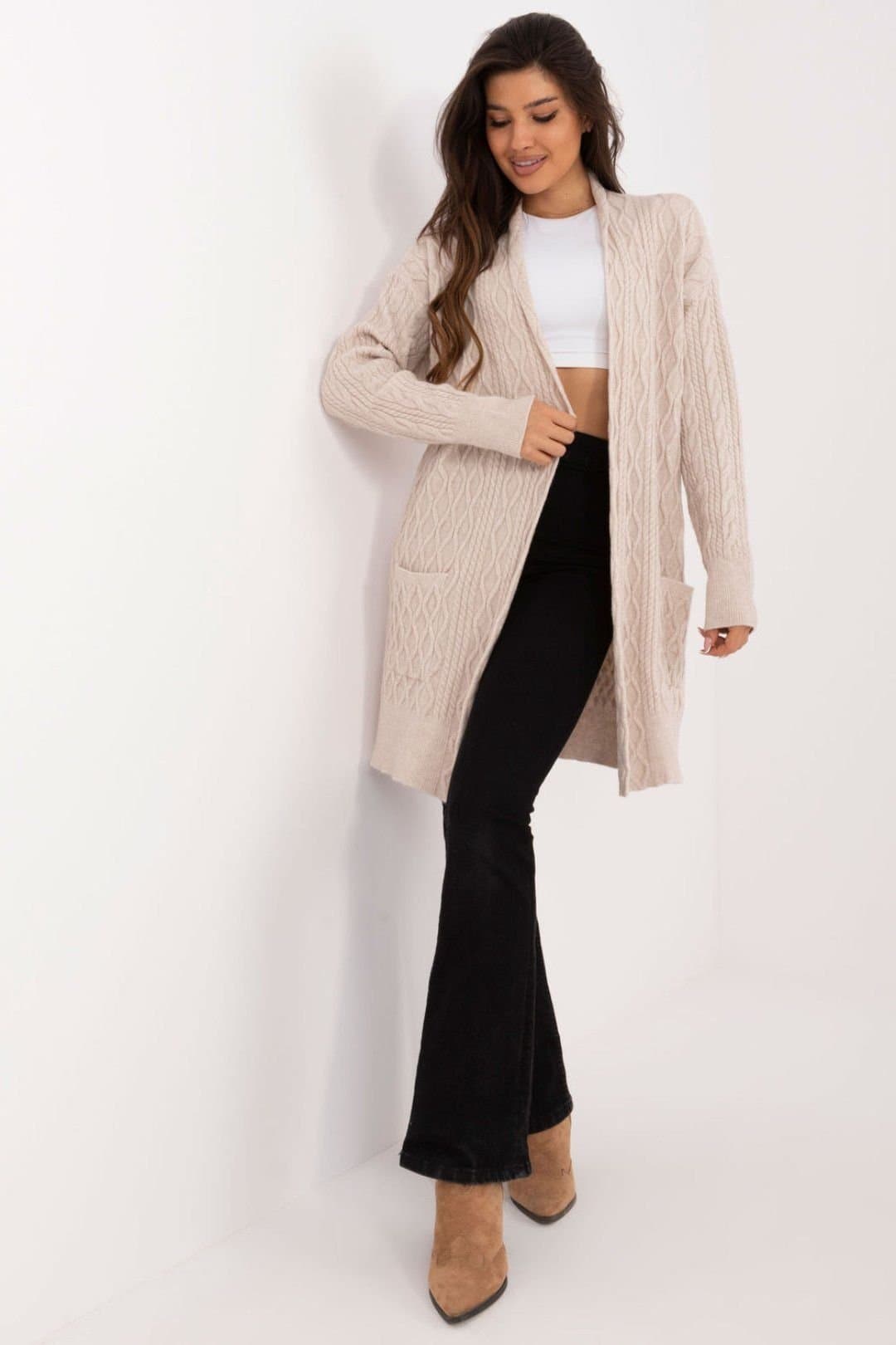Love Lace Love Lace Women's Long Textured Cardigan Throw On with Pockets in Beige