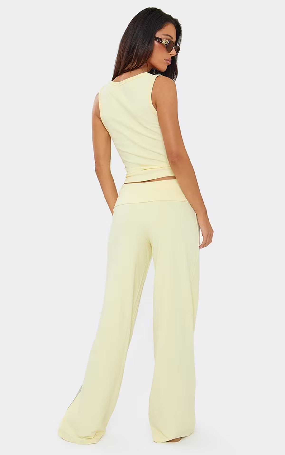 EGO Low Rise Fold Over Waist Side Stripe Wide Leg Joggers In Lemon., Women's Size UK 6