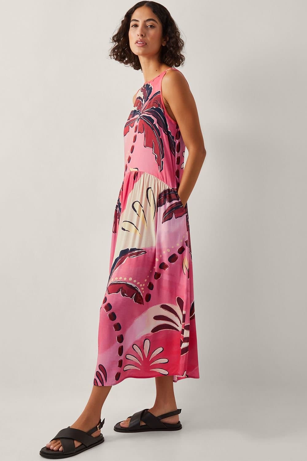 Monsoon Monsoon Women's Alex Palm Print Midi Dress in Pink