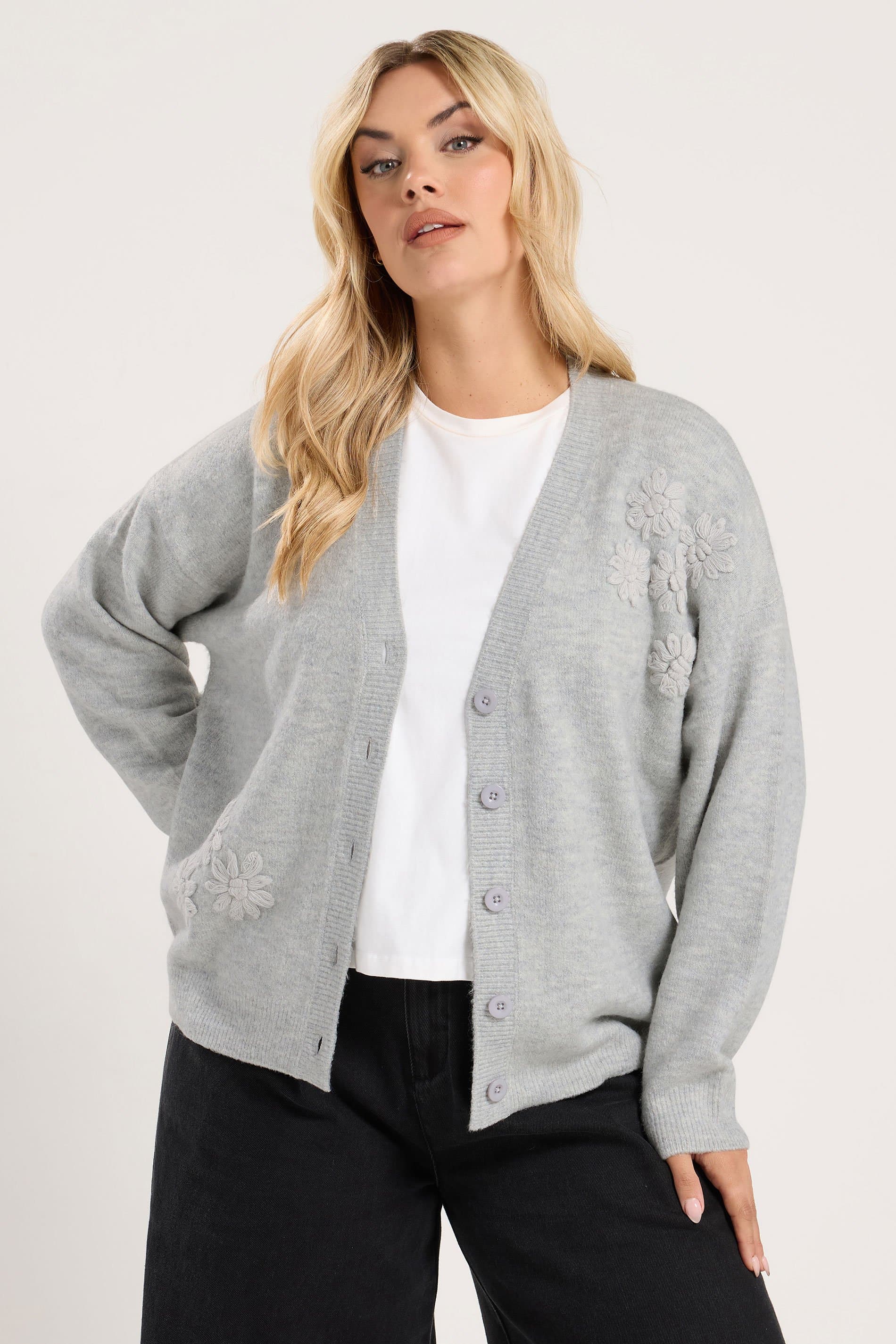 Yours Curve Grey Applique Flower Long Sleeve Cardigan