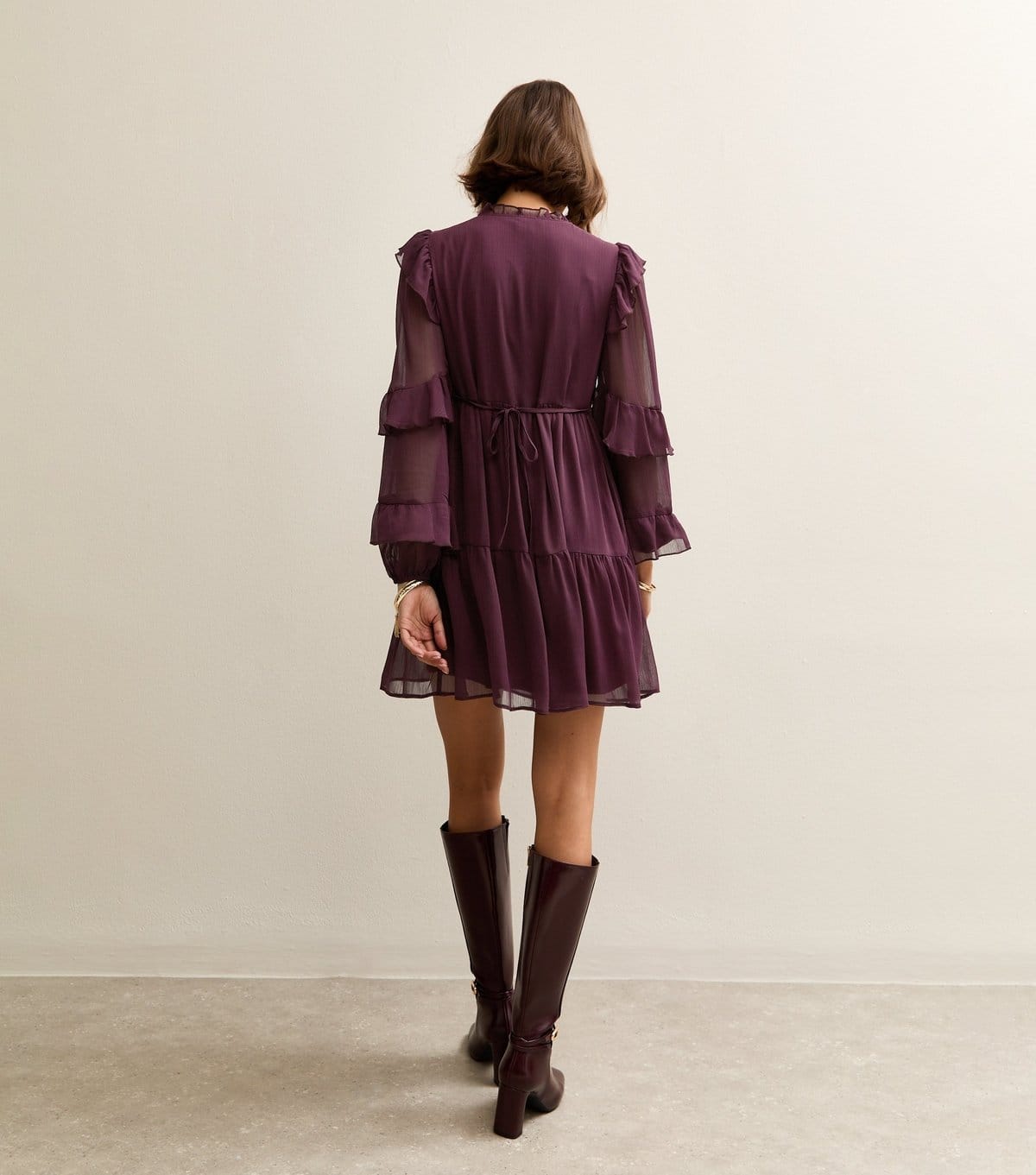 New Look Women's Burgundy Ruffle Trim Chiffon Tiered Mini Dress New Look - 4