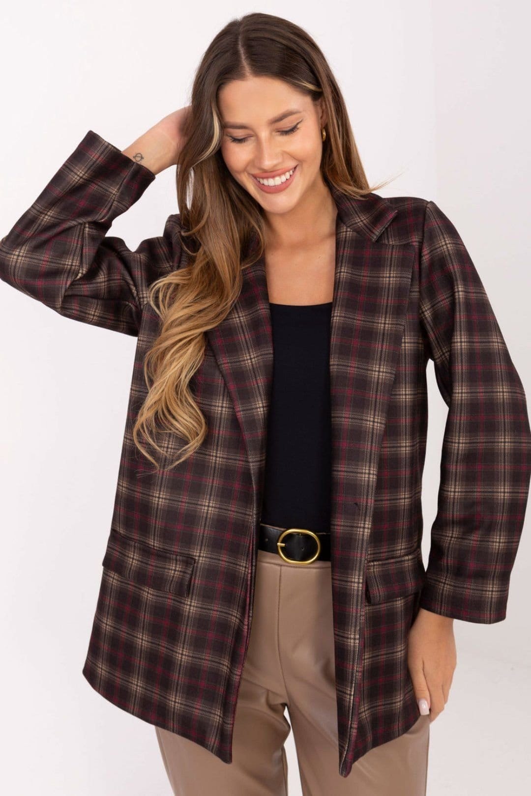 Love Lace Brown Checkered Buttoned Blazer