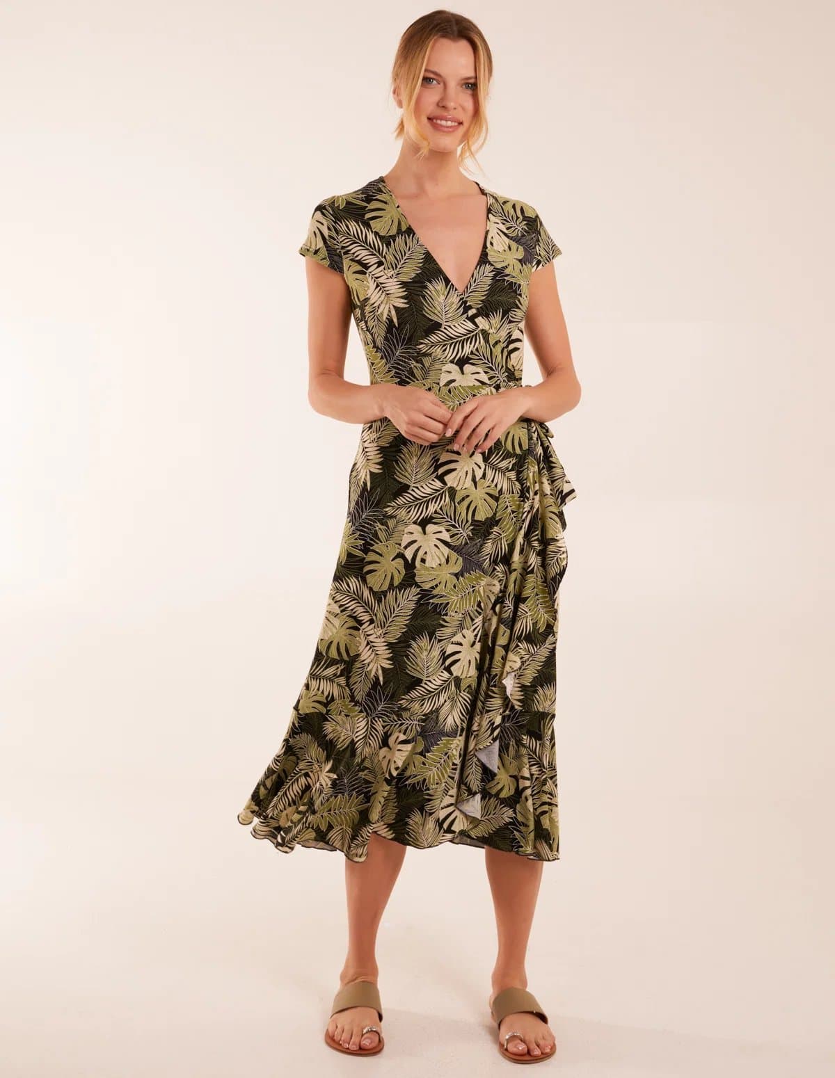 Blue Vanilla Tropical Print Wrap Front Midi Dress