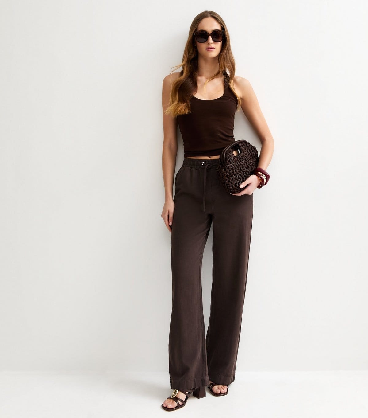 New Look Dark Brown Twill Cotton Wide Leg Trousers