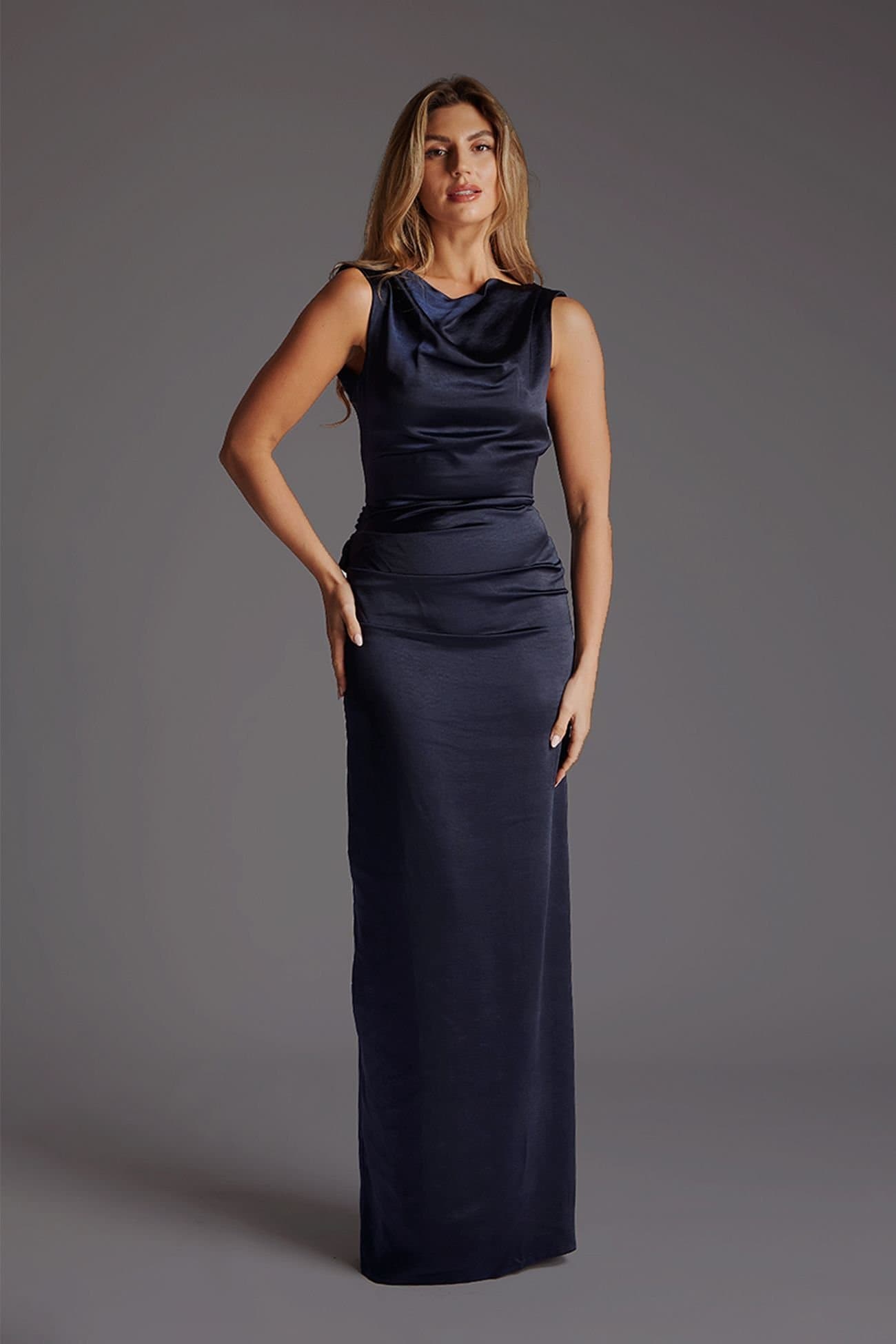 Vesper Vesper Women's Draped Satin maxi Dress with Open Back in Navy