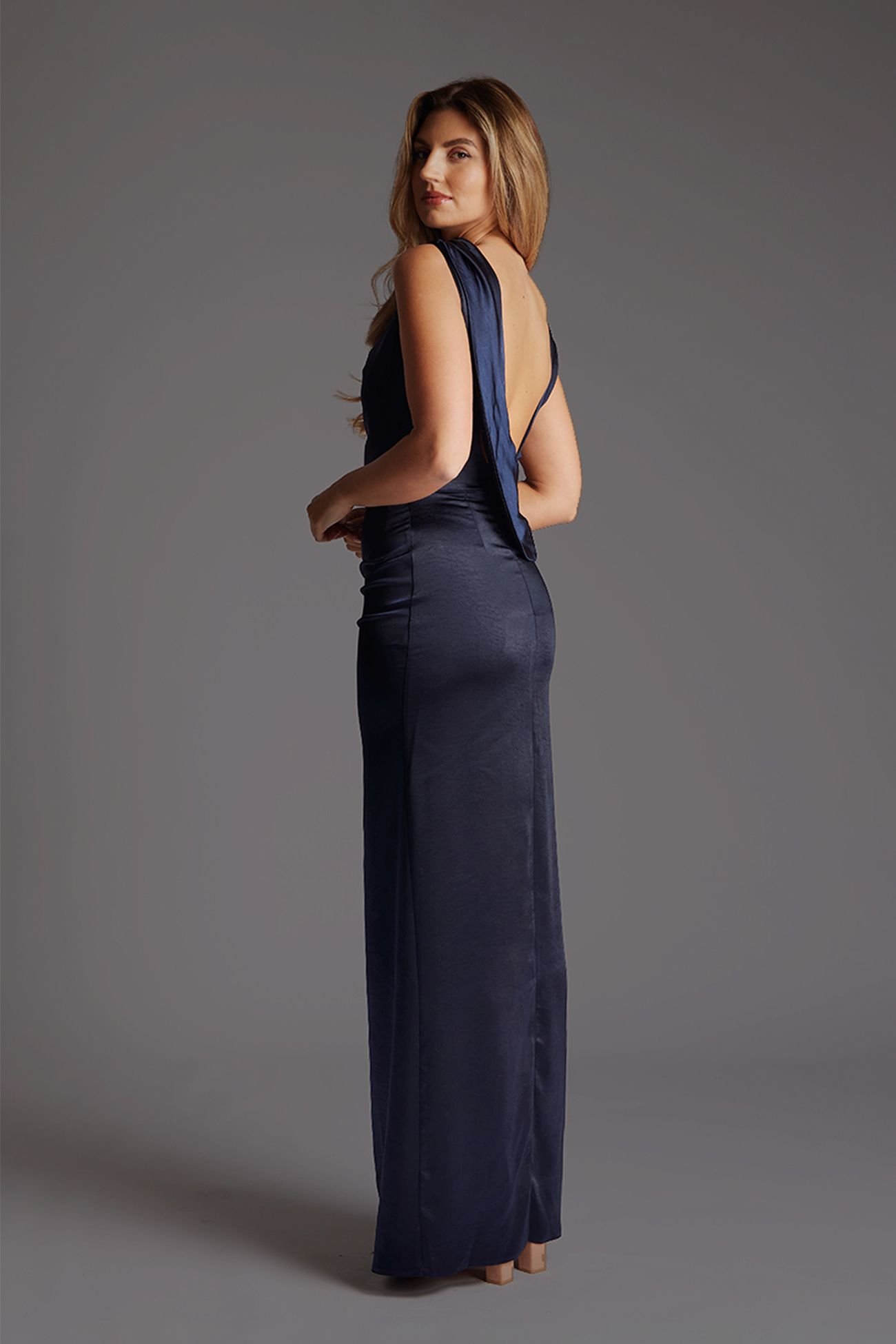 Vesper Vesper Women's Draped Satin maxi Dress with Open Back in Navy - 3