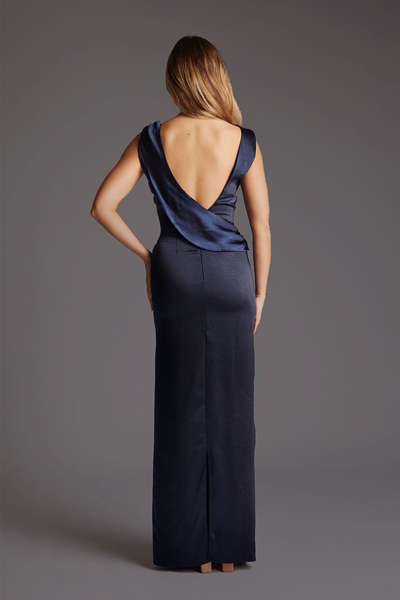 Vesper Vesper Women's Draped Satin maxi Dress with Open Back in Navy - 4