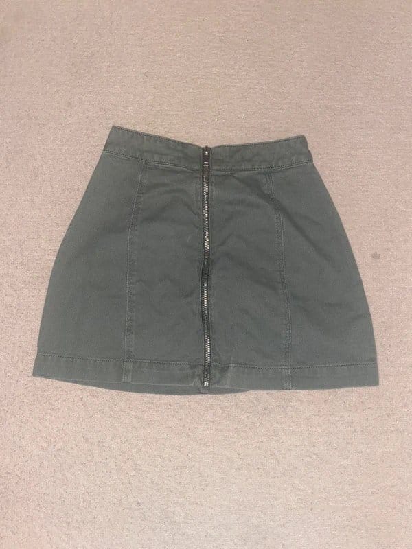 Vintage Khaki Green Cargo Denim Mini Skirt with Zip Detail