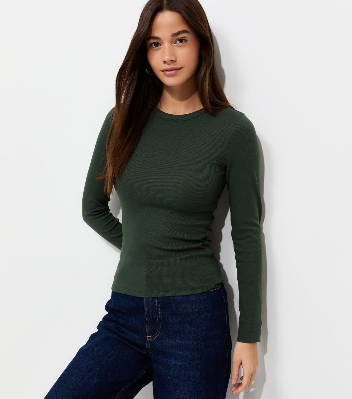 New Look Women's Dark Green Cotton Rich Ribbed Crew Neck Long Sleeve Top New Look