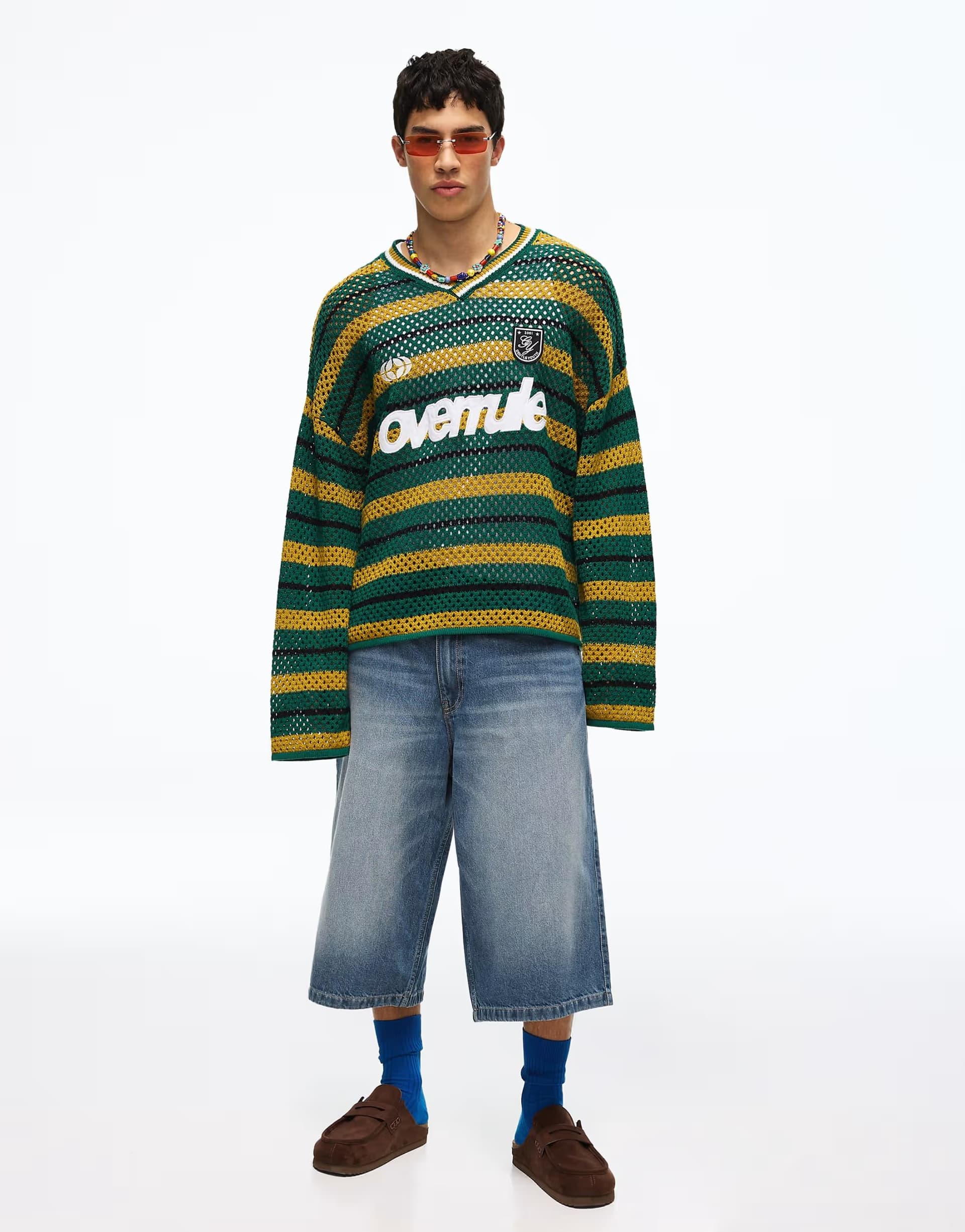 ASOS Bershka Graphic mesh boxy fit jumper in green