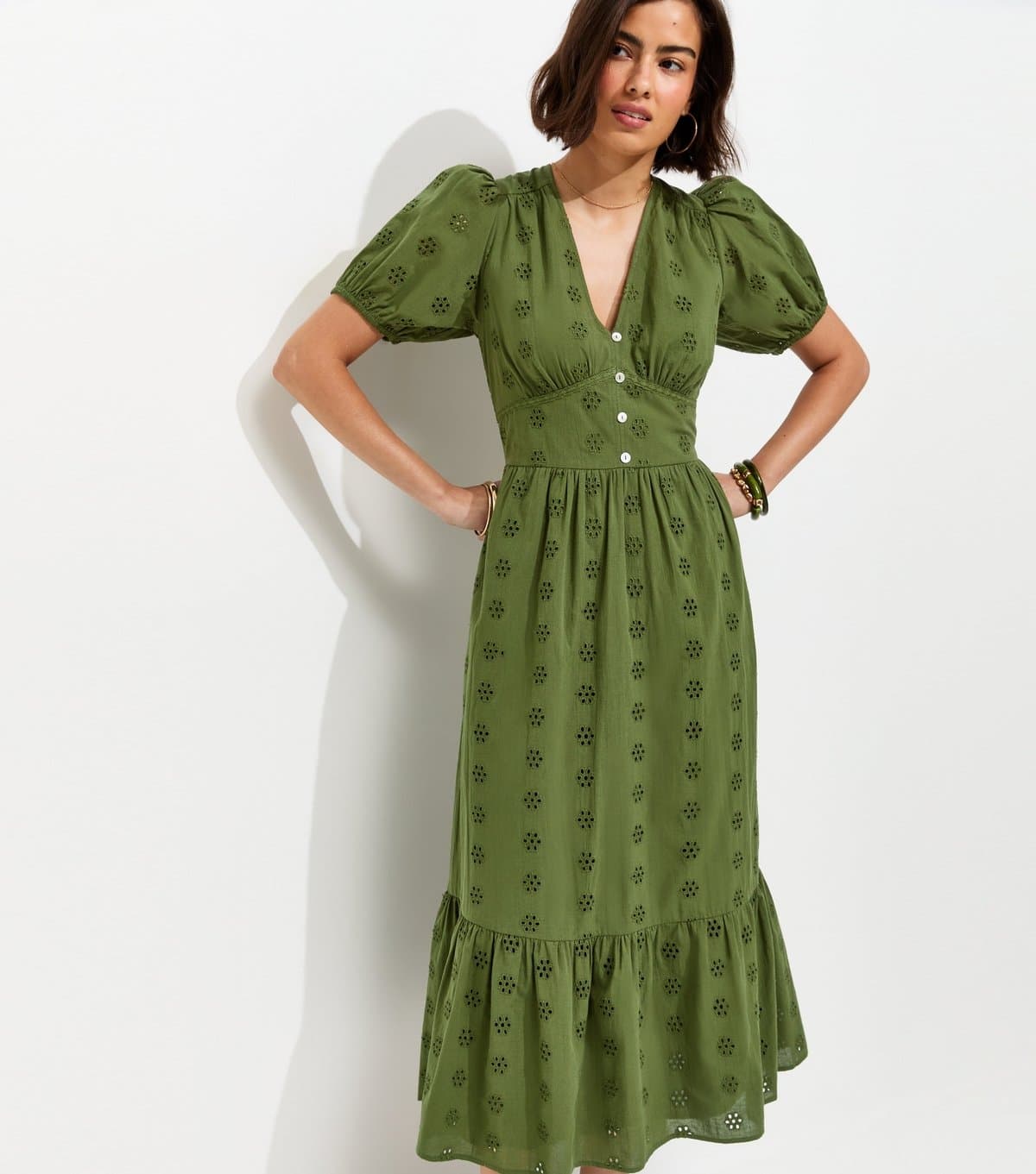 New Look Women's Dark Khaki Cotton Broderie Anglaise Puff Sleeve Midi Dress New Look