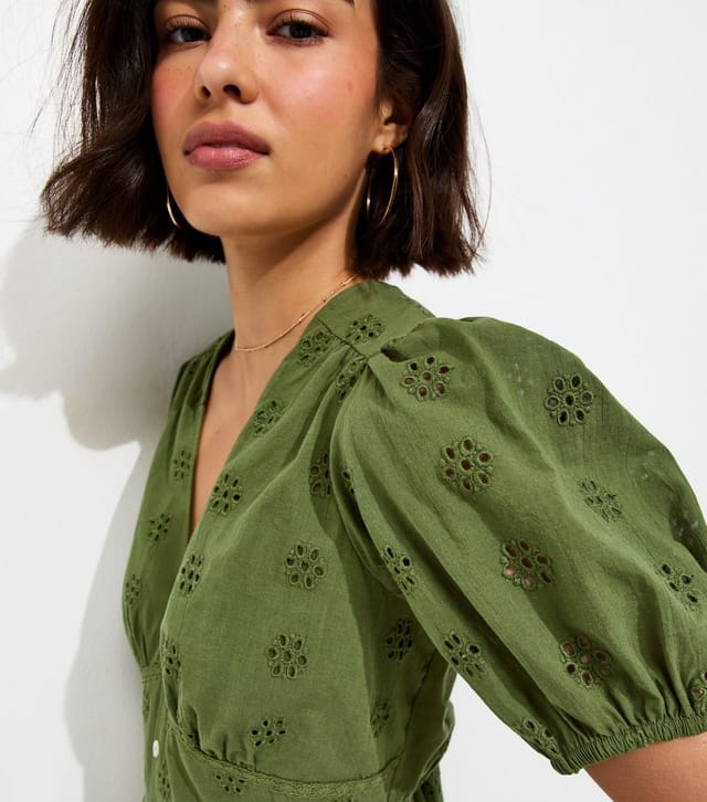 New Look Women's Dark Khaki Cotton Broderie Anglaise Puff Sleeve Midi Dress New Look - 2