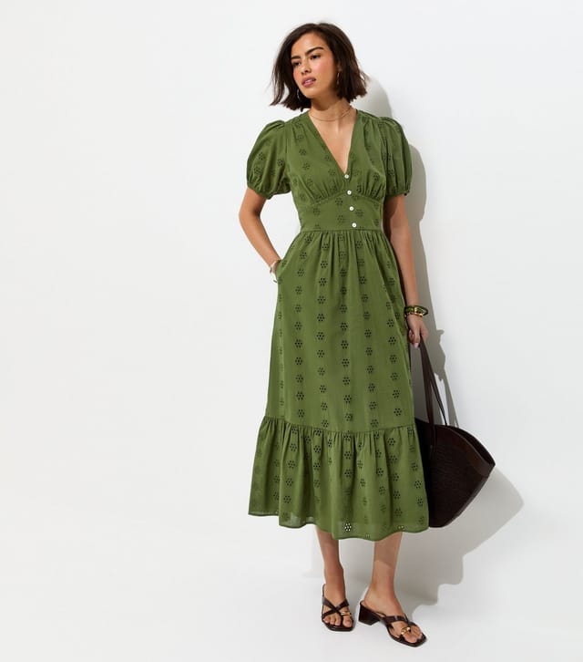 New Look Women's Dark Khaki Cotton Broderie Anglaise Puff Sleeve Midi Dress New Look - 3