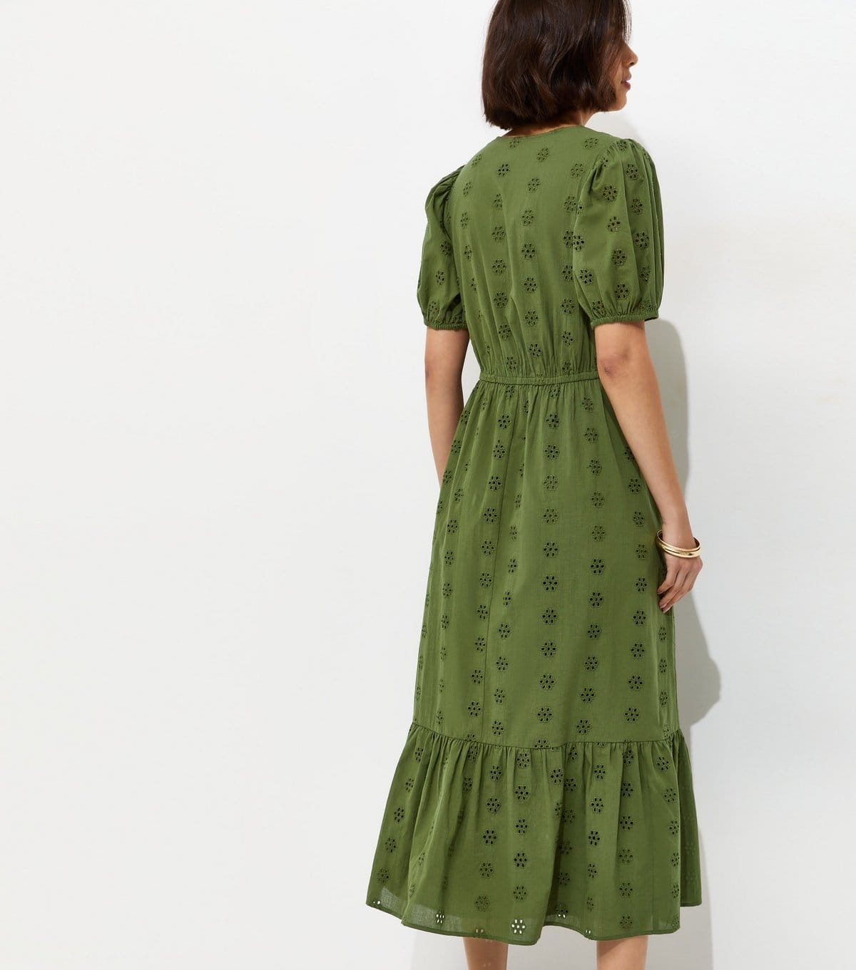 New Look Women's Dark Khaki Cotton Broderie Anglaise Puff Sleeve Midi Dress New Look - 4