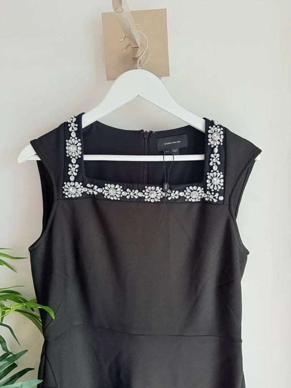 Karen Millen Stunning Size 14 Karen Millen Black Embellished Crystal Neckline Dress RRP £159 Worn once - 1