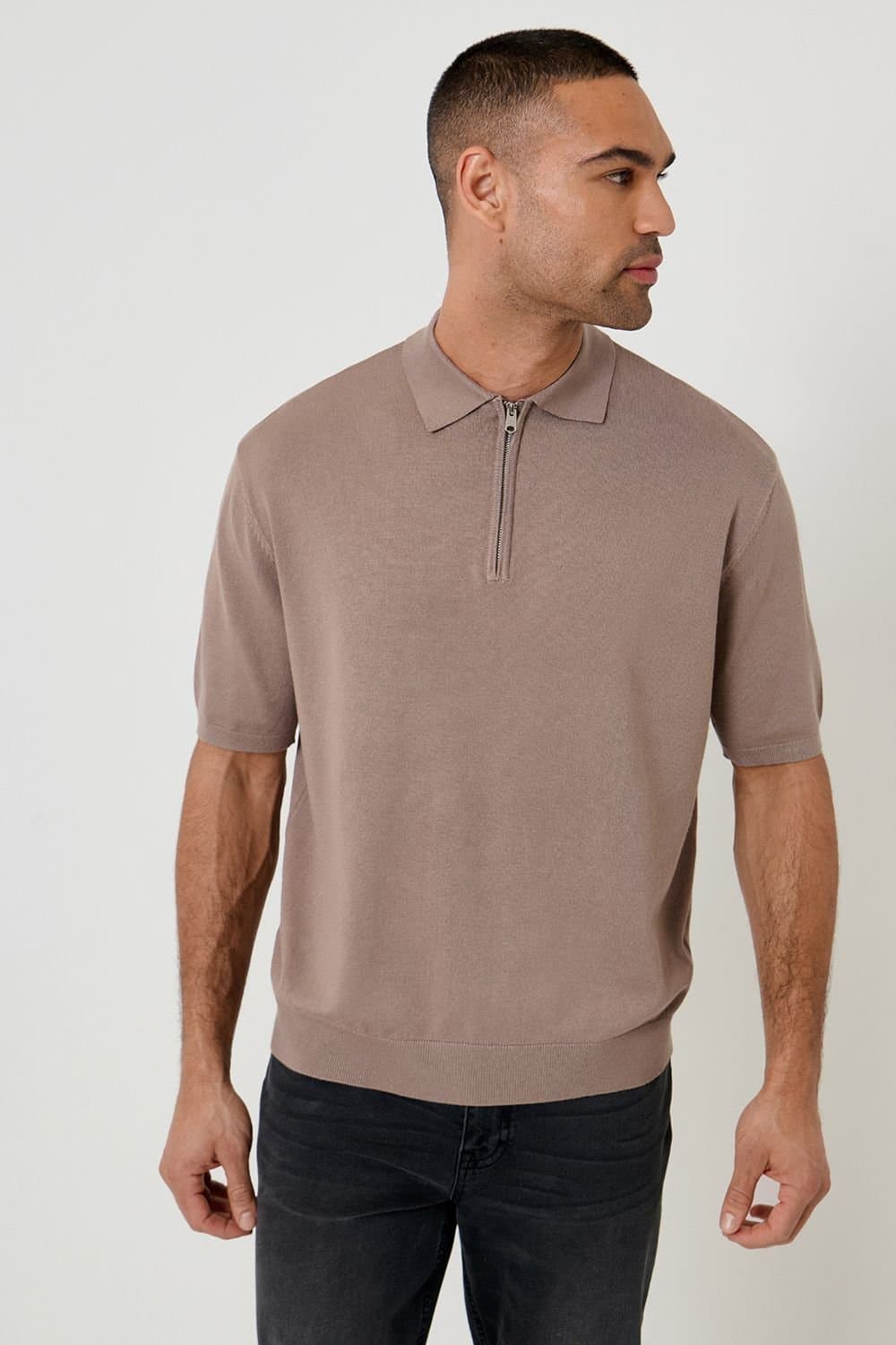 Threadbare Threadbare Men's Relaxed Fit Knitted Quarter Zip Polo in Taupe