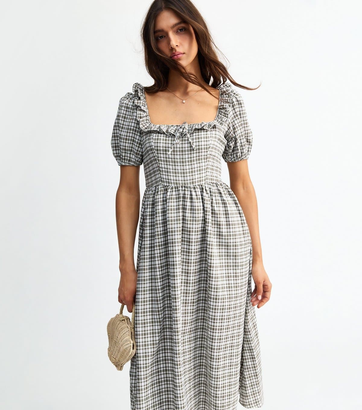 New Look Women's Green Checked Corset Bodice Midi Dress New Look