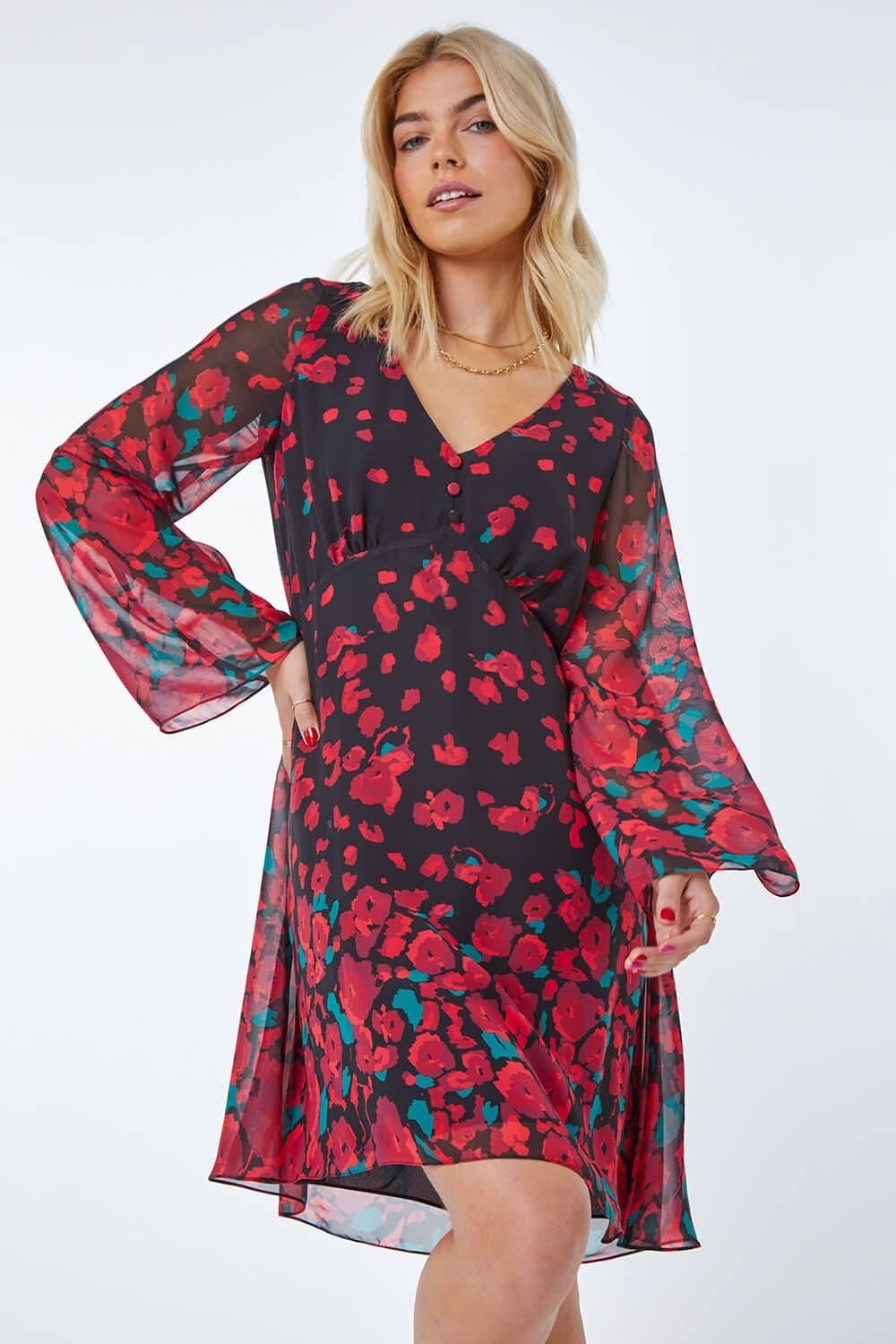DUSK Dusk Women's Rose Border Print Chiffon Dress in Red