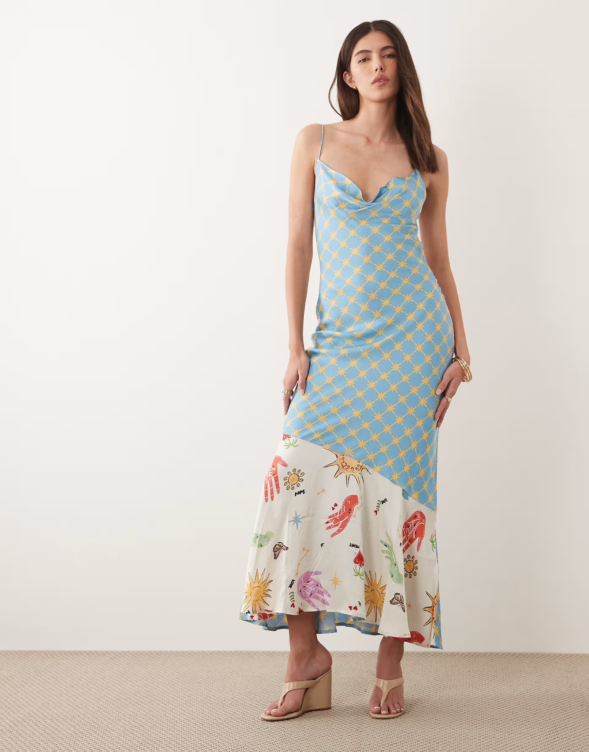 ASOS Never Fully Dressed satin cami biase maxi dress in celestial print