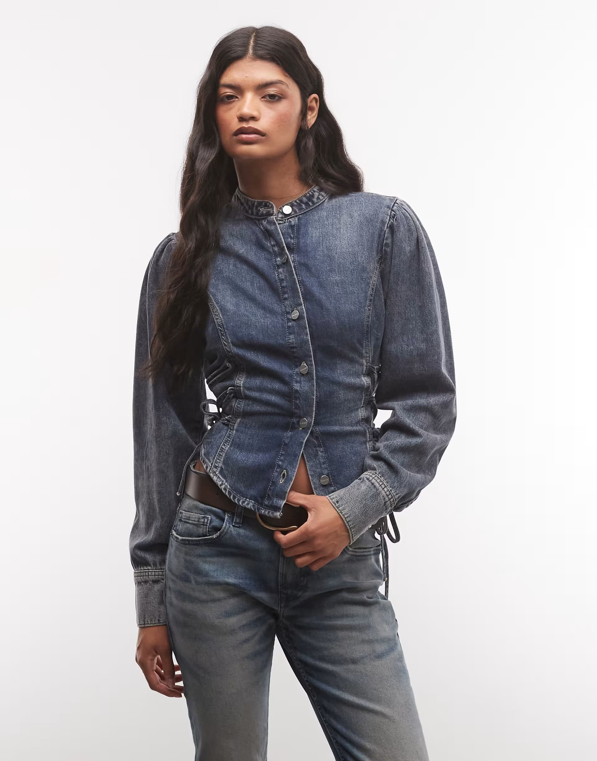 ASOS AllSaints Evanna long sleeve mock neck tie up denim shirt in washed blue