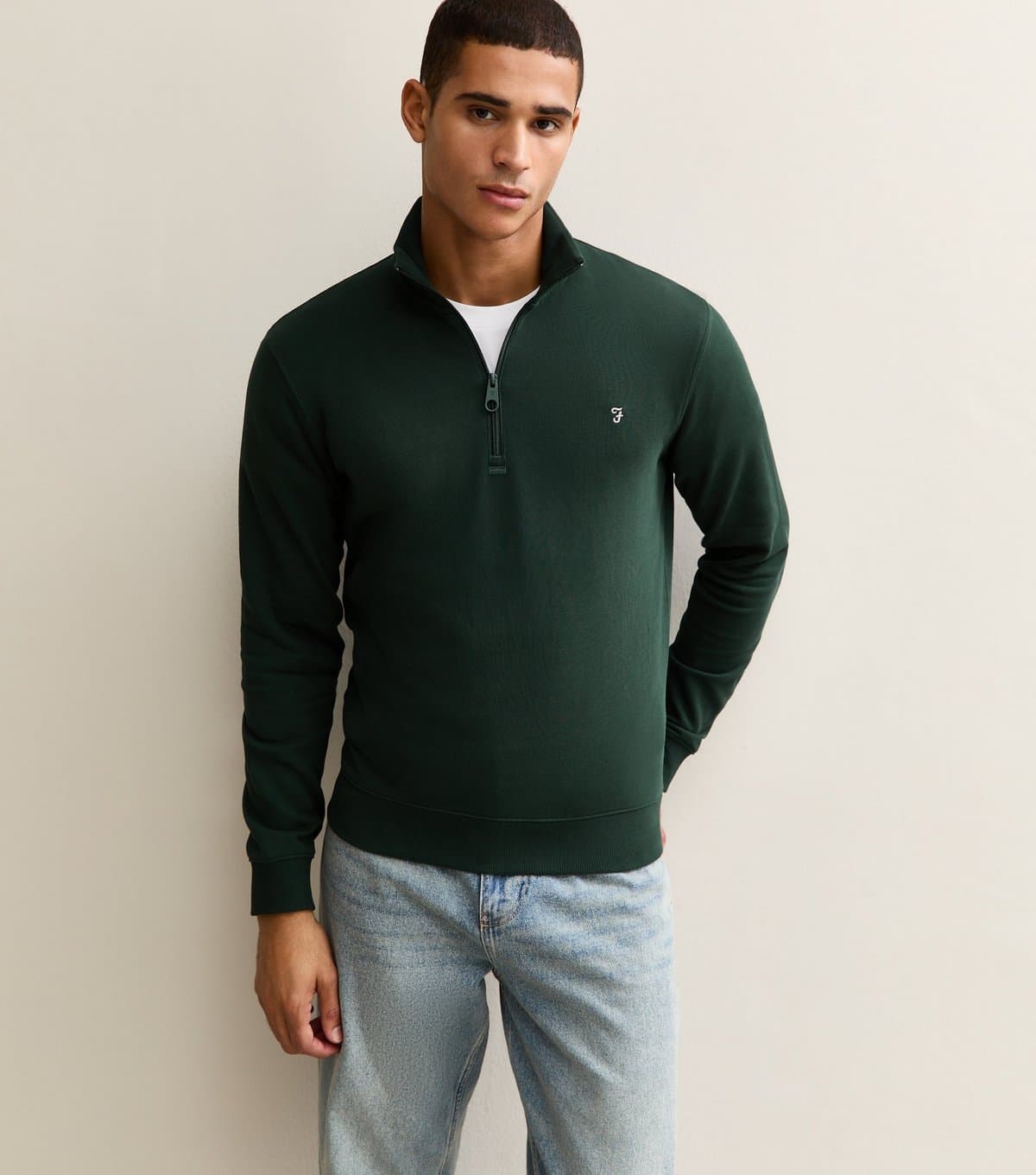 Farah Men's Dark Green Quarter Zip Logo Embroidered Jumper Farah New Look