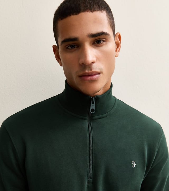 Farah Men's Dark Green Quarter Zip Logo Embroidered Jumper Farah New Look - 2