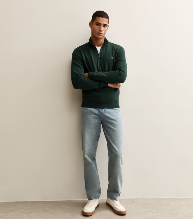 Farah Men's Dark Green Quarter Zip Logo Embroidered Jumper Farah New Look - 3