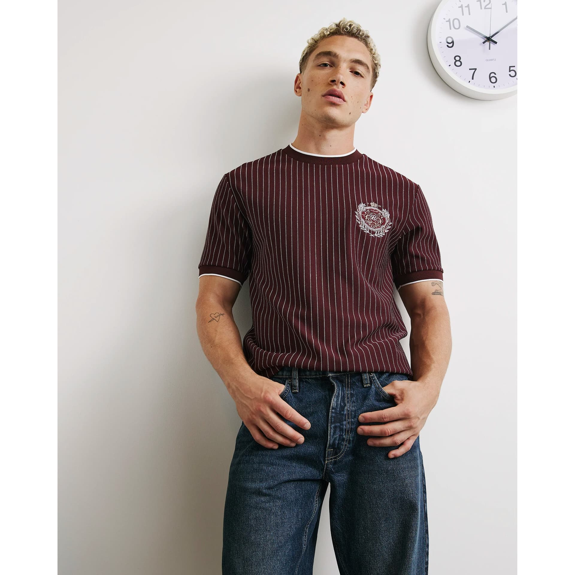 River Island Mens River Island Burgundy Cotton Pinstripe Crest T-Shirt