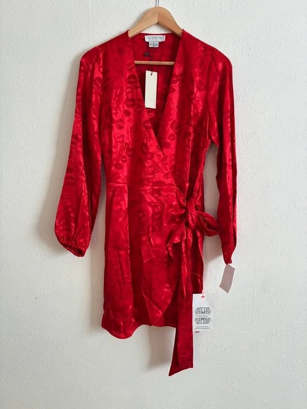 Never Fully Dressed Red Satin Wrap Dress