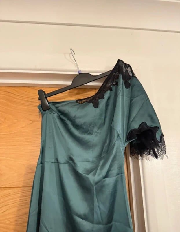 ASOS ASOS Design Peacock Green Satin Black Lace Trim One Shoulder Side Split Midaxi Dress Brand New