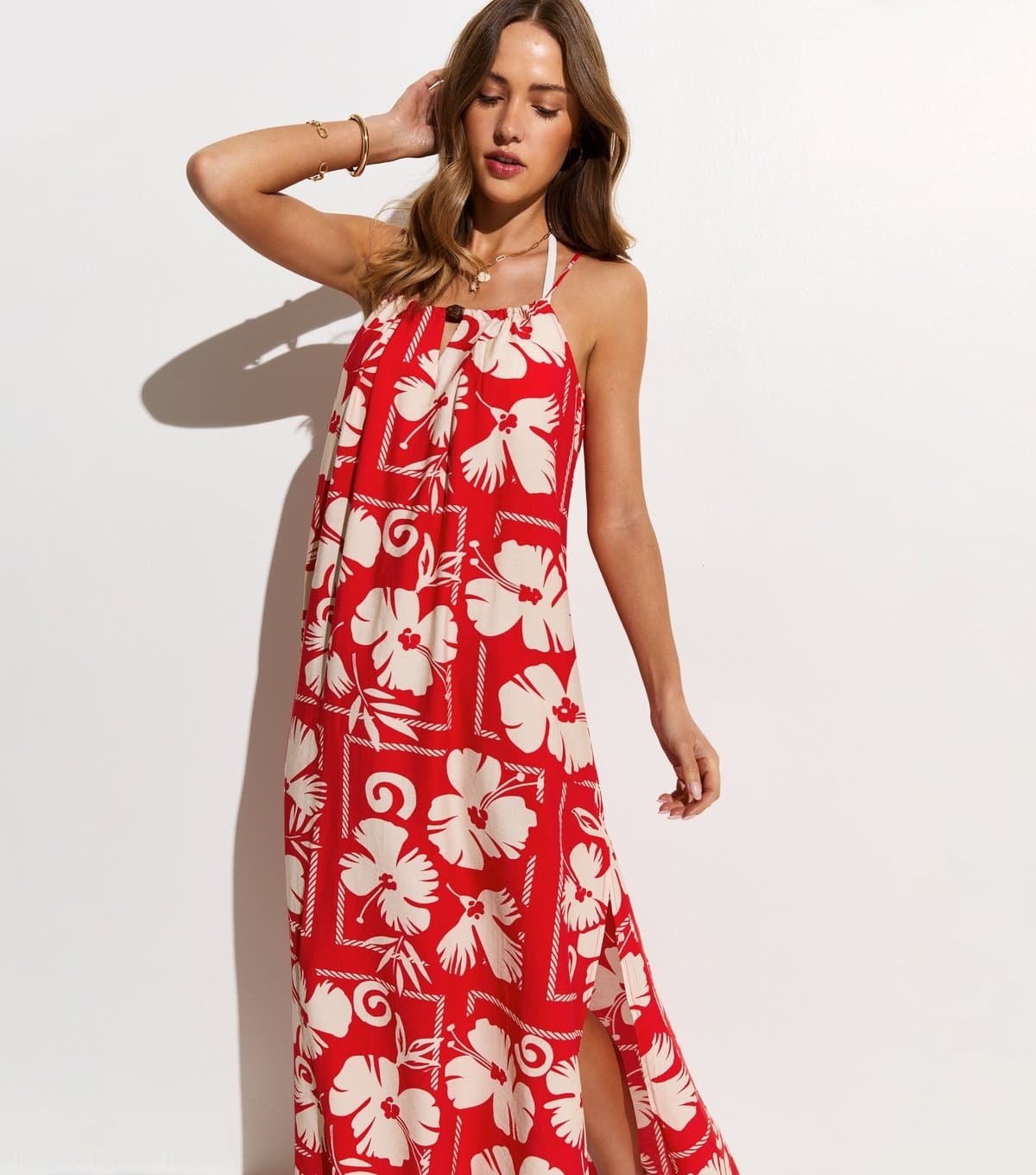 New Look Women's Red Floral Print Bead Detail Beach Maxi Dress New Look