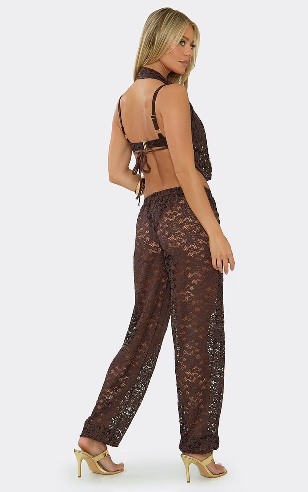 EGO Low Rise Elasticated Waist Puffball Trousers In Chocolate Brown Lace., Women's Size UK 6