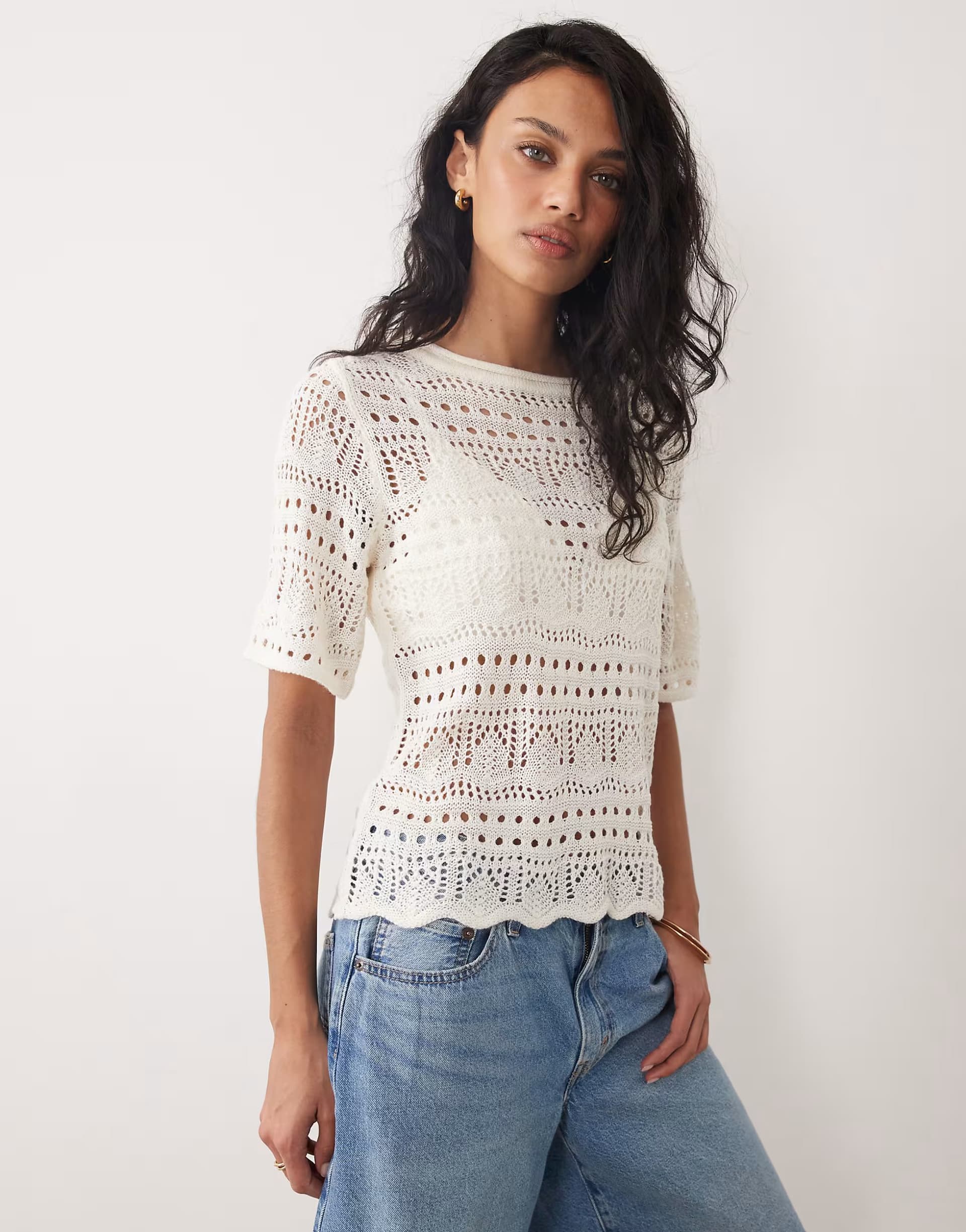 ASOS JDY crochet open knit half sleeve top in cream
