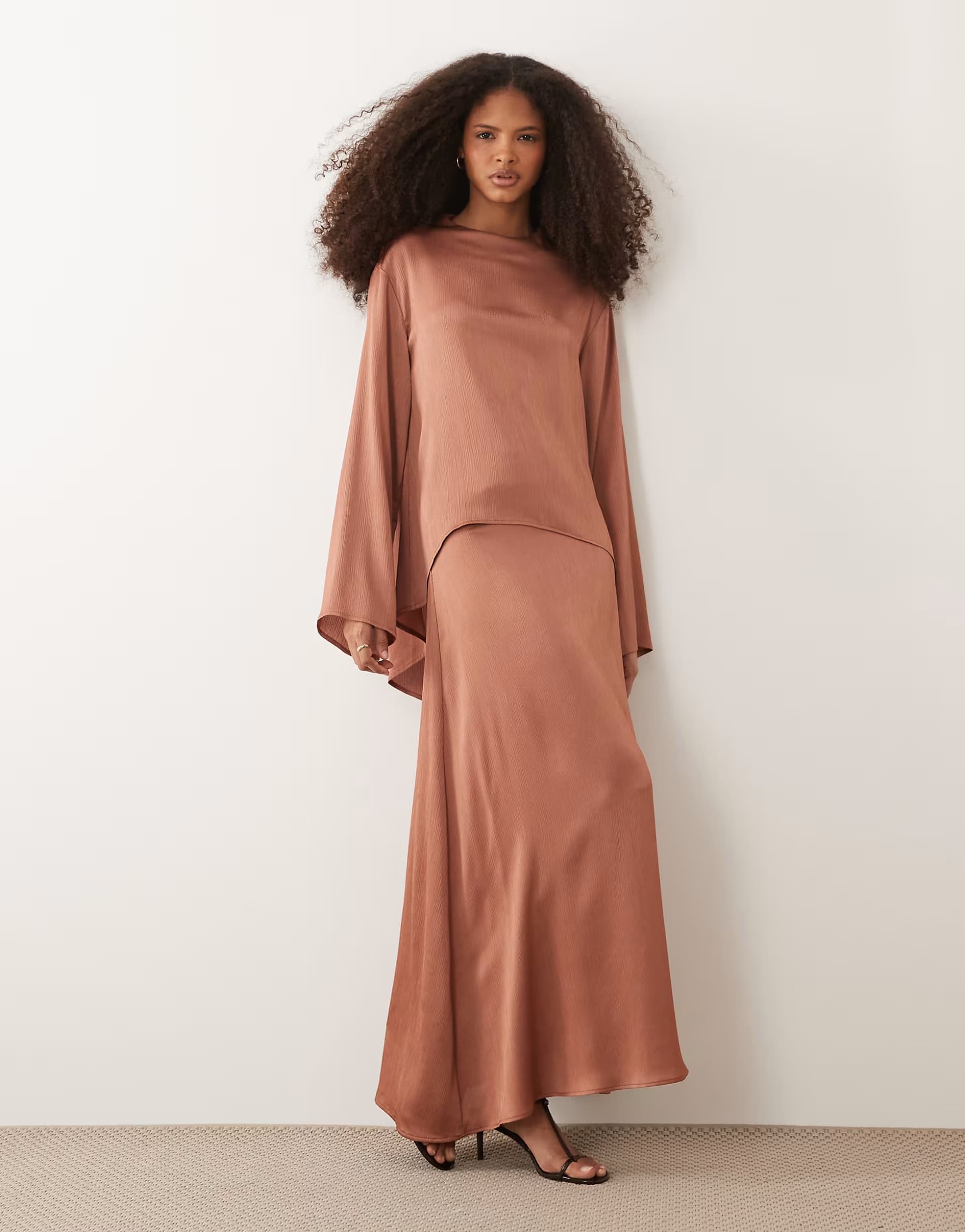ASOS IYAL hammered satin midi slip skirt co-ord in rust