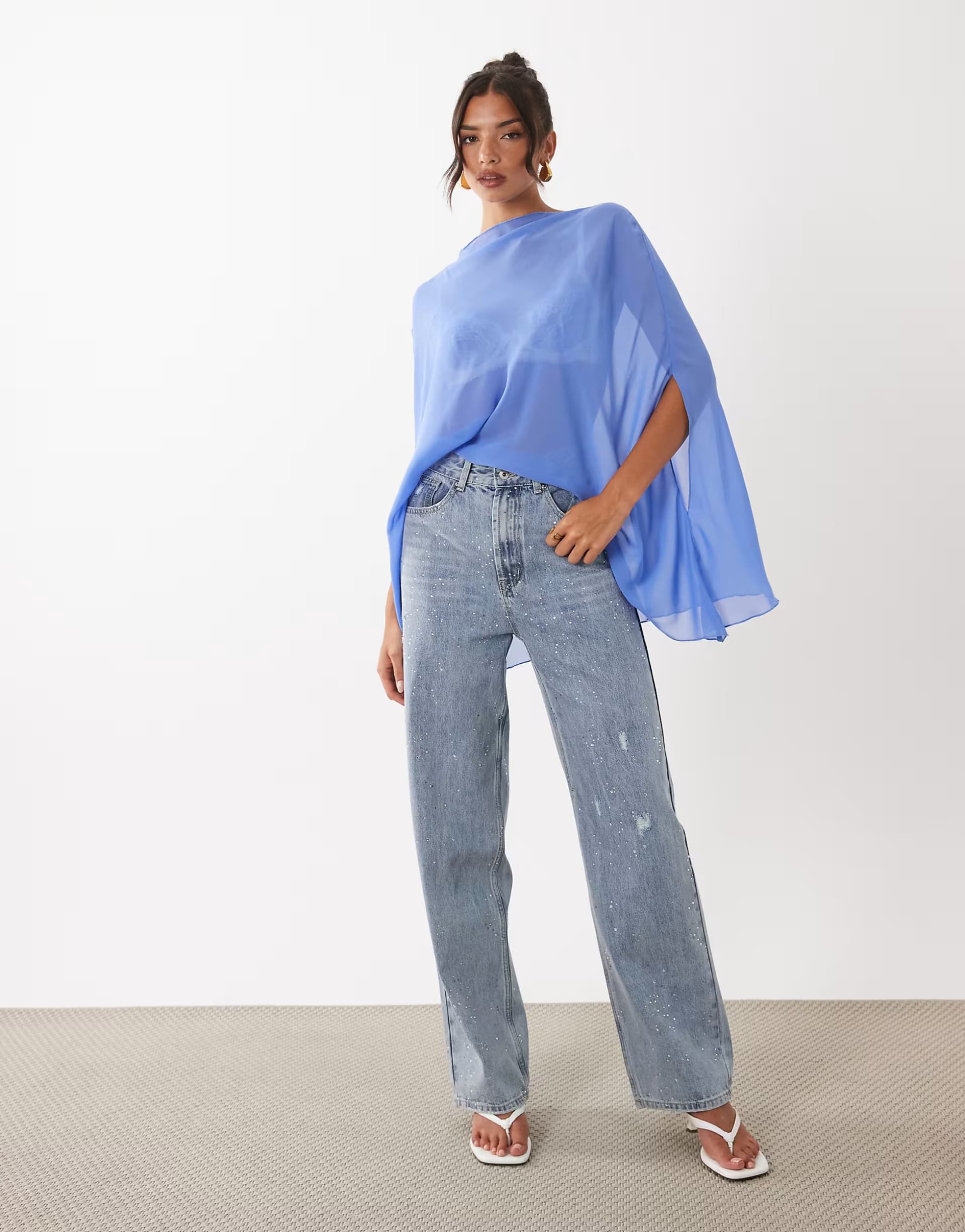 ASOS Lioness Diamante cotton rich straight leg jeans in light blue wash