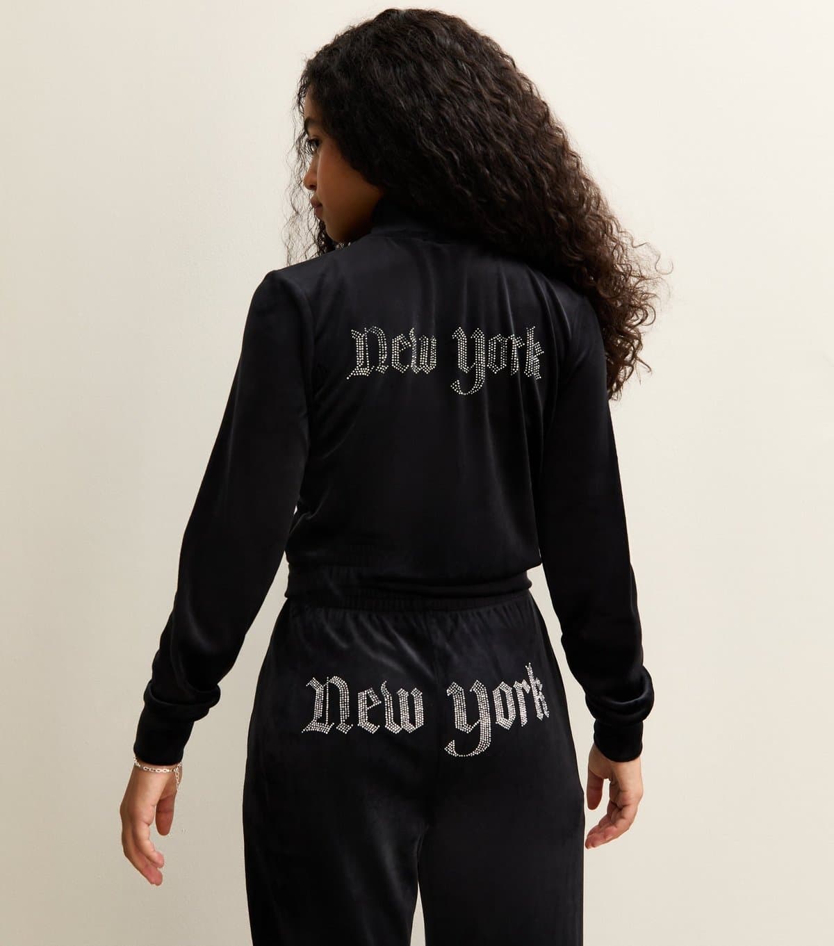 New Look Girls' Black Velour Diamante Embellished New York Zip Up Top New Look