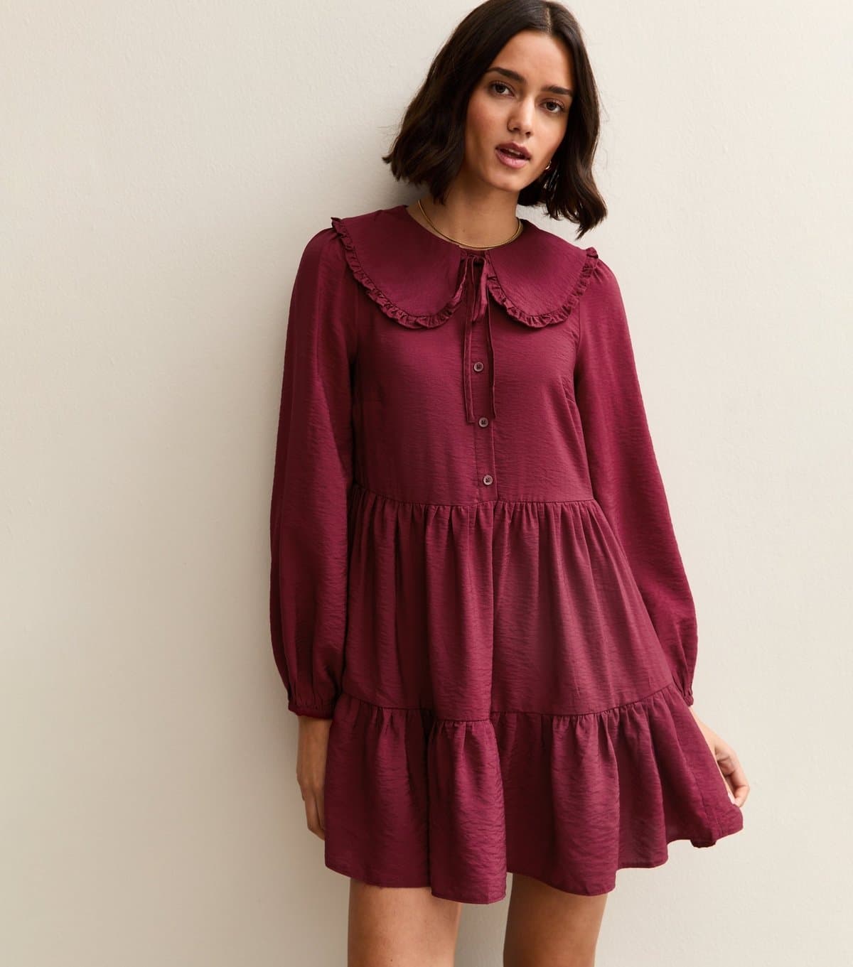 New Look Women's Dark Burgundy Collared Long Sleeve Mini Dress New Look
