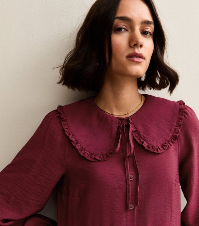 New Look Women's Dark Burgundy Collared Long Sleeve Mini Dress New Look - 2