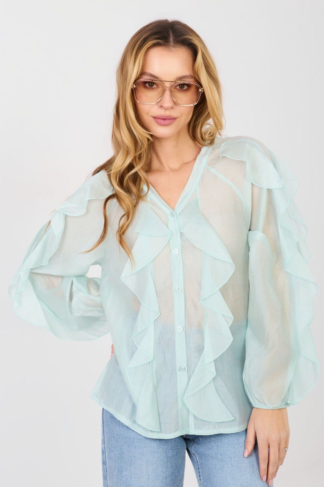 Love Lace Love Lace Women's Collarless V Neck Tencel Ruffle Shirt in Green