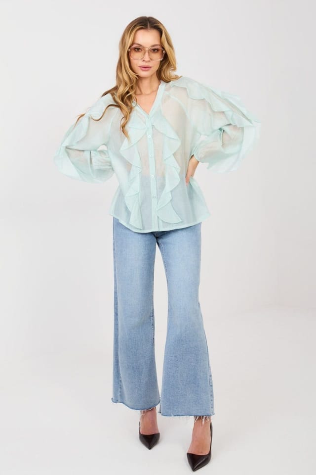 Love Lace Love Lace Women's Collarless V Neck Tencel Ruffle Shirt in Green - 2