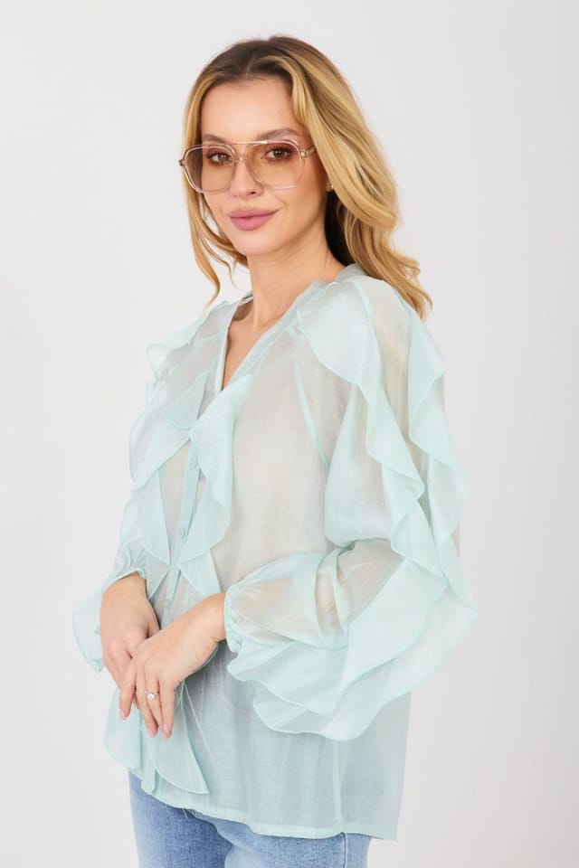Love Lace Love Lace Women's Collarless V Neck Tencel Ruffle Shirt in Green - 3