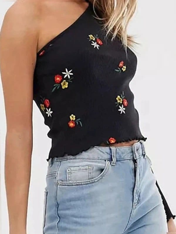 ASOS Black Floral Embroidery Ribbed One Sleeve Top Size 10