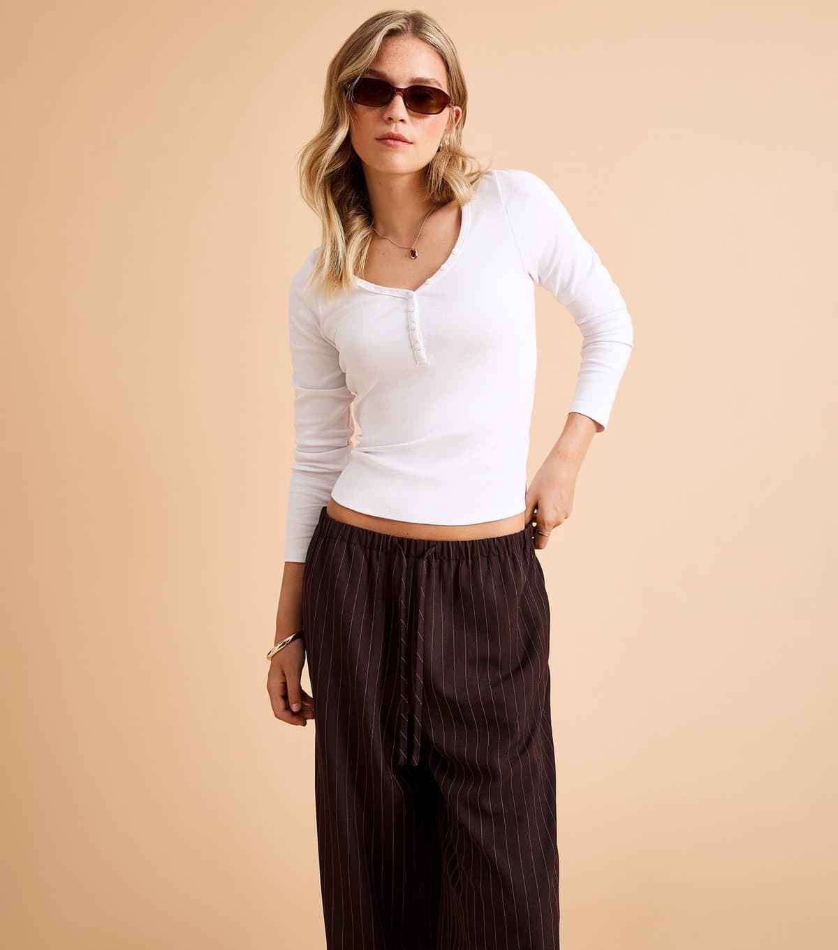 New Look Women's White Cotton Rich Long Sleeve Henley Top New Look