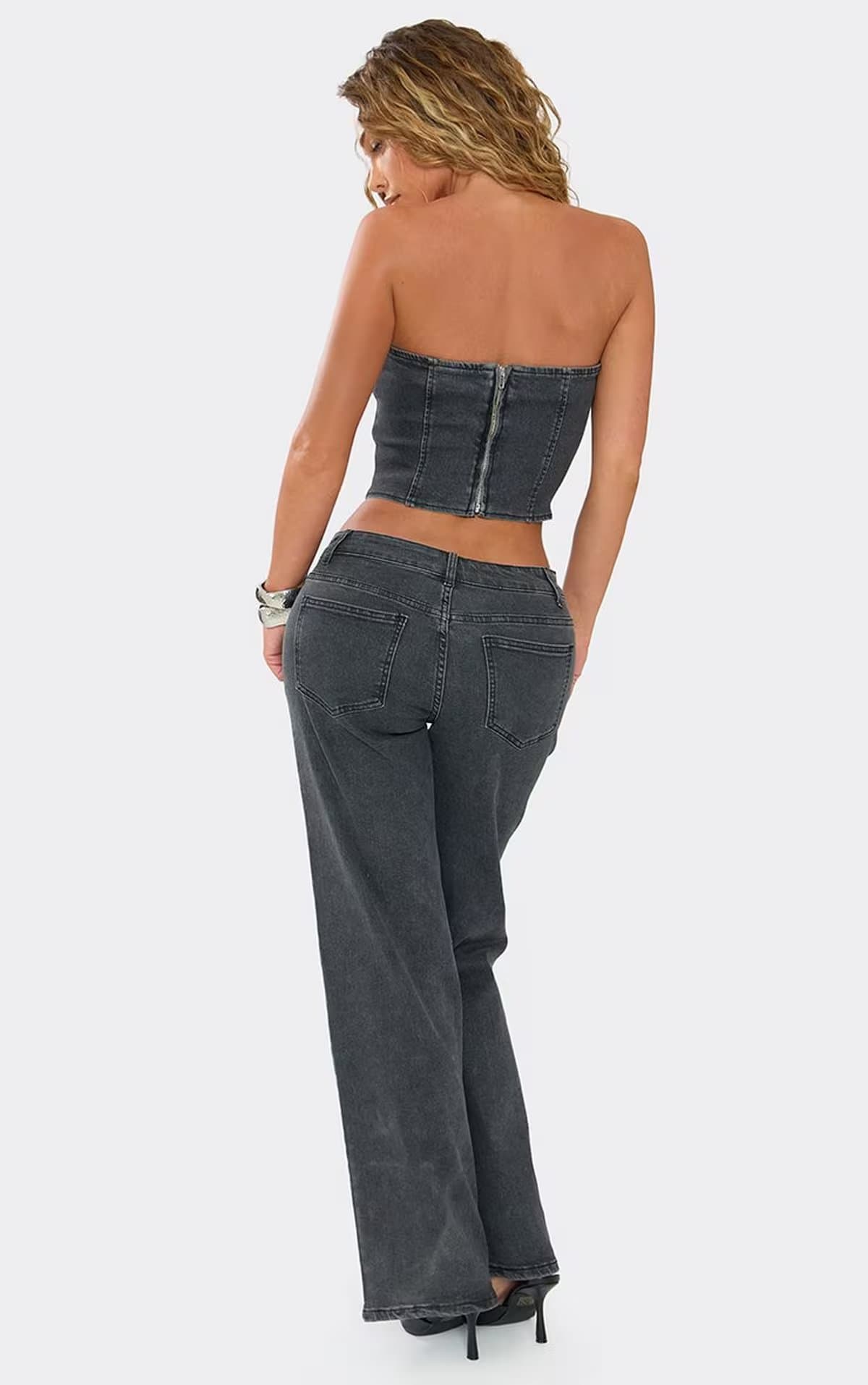 EGO Low Rise Wide Leg Stretch Jeans In Black Denim, Women's Size UK 6