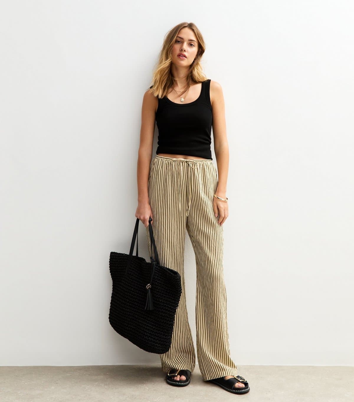 New Look Women's Green Textured Striped Wide Leg Trousers New Look