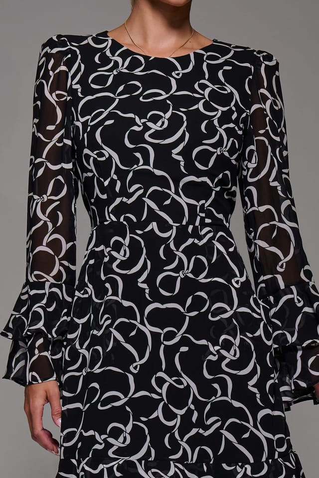 Jolie Moi Jolie Moi Women's Long Sleeve Chiffon Knee Length Dress in Black - 3