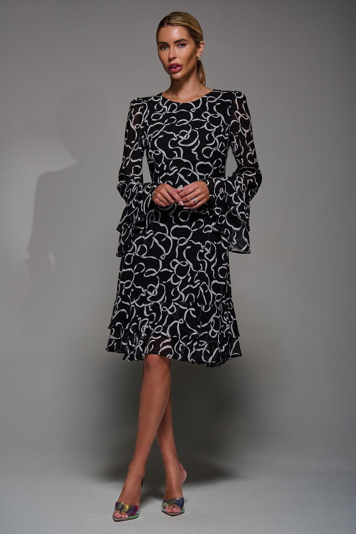 Jolie Moi Jolie Moi Women's Long Sleeve Chiffon Knee Length Dress in Black - 4