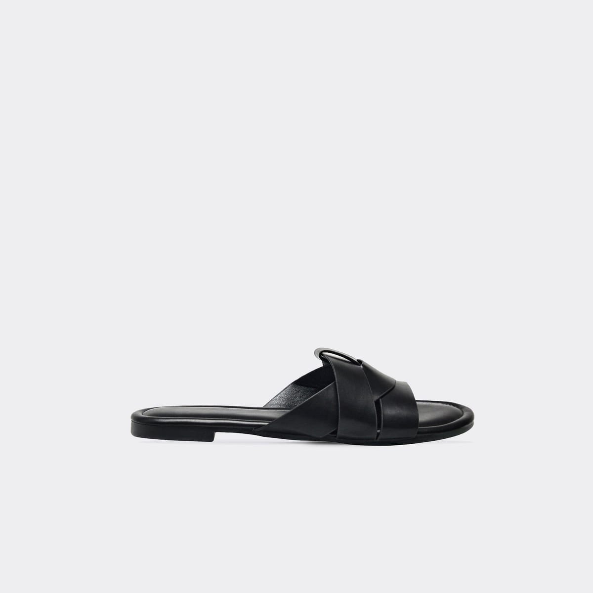 EGO Sarbina Woven Detail Flat Slider In Black Faux Leather, Women's Size UK 3 - 1