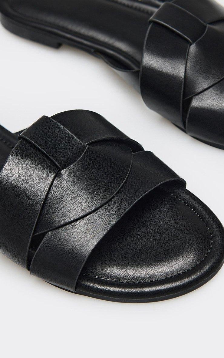 EGO Sarbina Woven Detail Flat Slider In Black Faux Leather, Women's Size UK 3 - 2